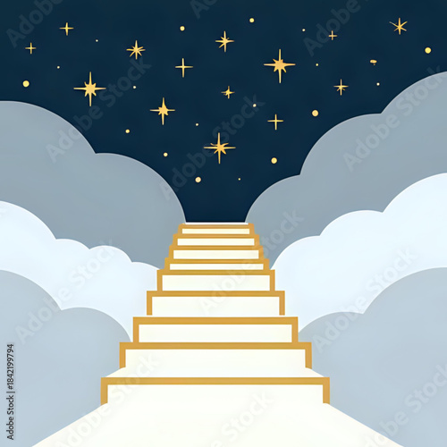 Celestial Ascent Golden staircase rising through a whimsical cloudscape towards a vibrant starlit night sky, a symbolic journey of ambition, success, and celestial dreams
