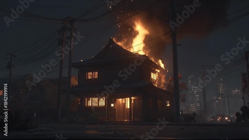 Traditional Japanese House on Fire in City at Night. Sparking, Burning, and Disaster Scene.