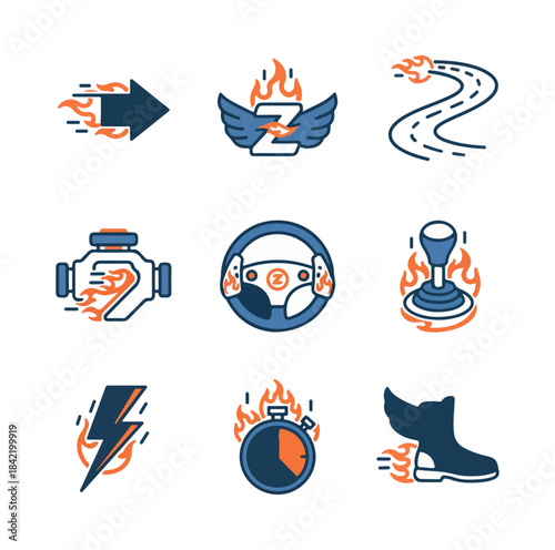 Racing icons set speed motion and automotive elements