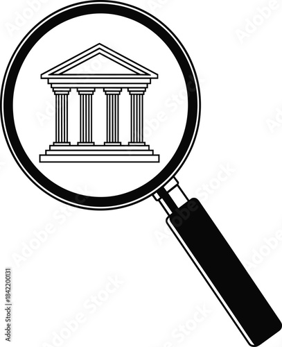 Black line art vector of a magnifying glass over a classical building with columns for financial investigation audit legal research and banking