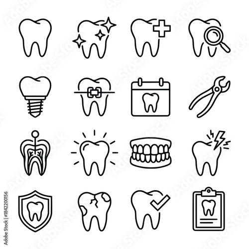 Dental line icons illustrate various oral health and dentistry concepts
