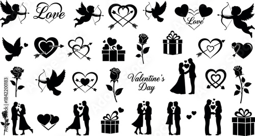 Collection of black silhouette valentine s day themed icons and romantic illustrations