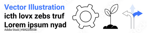Business strategy, decision-making, ecology, innovation, growth, choice. Minimalistic gear, sprouting plant arrow signpost. Growth and decision-making through symbolic elements