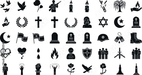 Collection of black silhouette icons representing halloween and memorial related themes