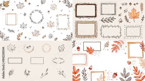 Autumn themed floral frame and border illustration set with leaves branches and seasonal elements. Ideal for invitations stationery branding and elegant nature inspired designs.