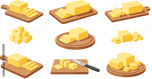A detailed isometric vector set of fresh yellow butter blocks, sliced butter portions, and cubes presented on various wooden cutting boards for food and cooking design..