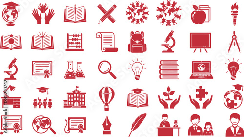 Collection of red flat icons representing history education and cultural symbols