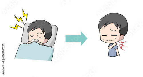 歯ぎしりが原因で肩がこる男性のイラスト