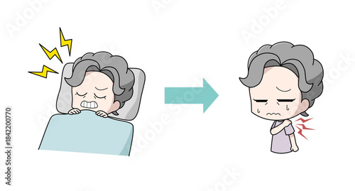 歯ぎしりが原因で肩がこる高齢女性のイラスト