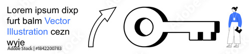 Access control, security systems, key concepts, minimalism, personal data, career success. Black key with arrow and person figure. Access control and security systems metaphor