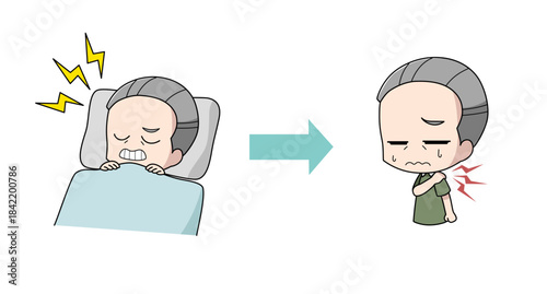 歯ぎしりが原因で肩がこる高齢男性のイラスト
