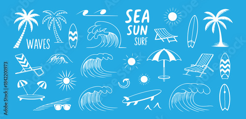 Summer beach doodle set with palm trees waves sun surfboards and beach chairs on bright blue background