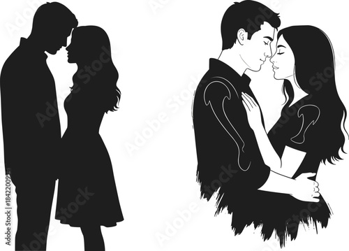 Romantic couple vector set, love silhouette and line art illustration, emotional embrace design, intimate pose artwork, relationship graphic, Valentine theme