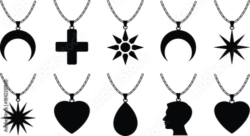 Pendant silhouette vector set, symbolic jewelry design, heart moon star illustration, decorative charm artwork, fashion accessory graphic, black icon pack