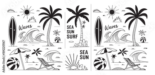 Summer beach doodle set with palm trees waves sun surfboards and deck chairs in black and white style