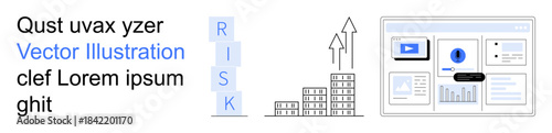 Business planning, risk management, financial growth, data security, analytics, decision-making. Stack of blocks spelling risk, growth charts secure dashboard design. Risk management and financial