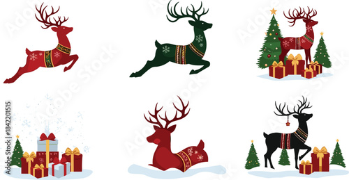 Christmas reindeer vector set, festive gift box illustration, decorated tree design, holiday snow scene, seasonal silhouette pack, winter celebration graphic