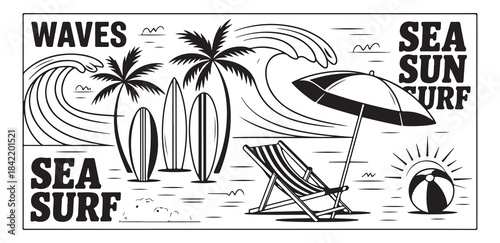 Summer surfing beach elements vacation palm trees waves sun chair umbrella beach ball sea surf isolated vector