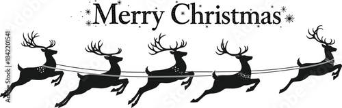 Flying reindeer silhouette vector, Merry Christmas text design, festive holiday illustration, star decoration, seasonal greeting, winter celebration, black graphic art