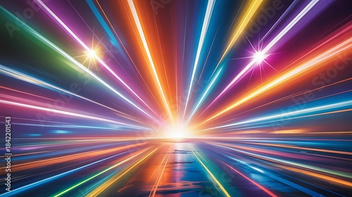 Illustration of vibrant abstract light trails speeding towards a bright central horizon