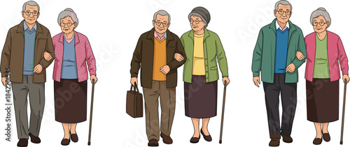 Elderly couple walking vector set, senior man woman illustration, aging support, cane use, companionship, retirement lifestyle, caring relationship design