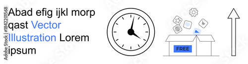 Digital marketing, free delivery services, time management, e-commerce, productivity, growth. Black clock, open box labeled Free and upward arrow. Digital marketing and free delivery services theme