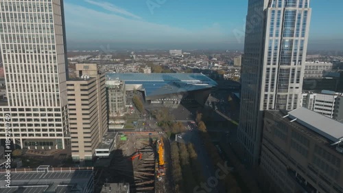 Aerial Drone View of Rotterdam Central Station with Millennium Tower Netherlands