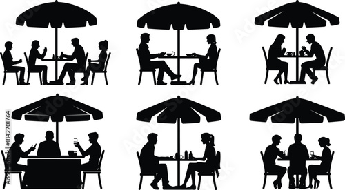 Outdoor cafe silhouettes, people dining under umbrellas, social interaction, casual gathering, restaurant terrace, summer leisure, black vector illustration, urban lifestyle concept