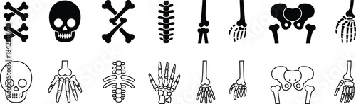 Human skeleton icon vector set, anatomical bone illustration, medical symbol design, orthopedic graphic pack, skeletal structure artwork, biology concept silhouette