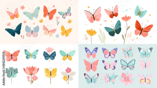 Colorful butterfly illustration set with delicate wings in soft pastel tones. Ideal for spring decor nursery art nature themes and cheerful creative designs.