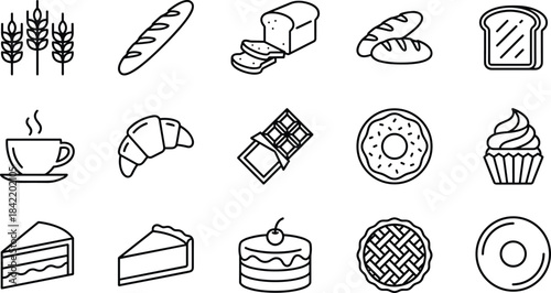 Baked goods icons, dessert vector set, bread, cake, donut, pie, croissant, chocolate, coffee, black outline illustration