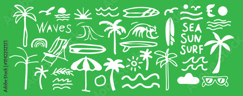 Summer surfing beach elements vacation palm trees waves sun chair umbrella beach ball sea surf waves green background