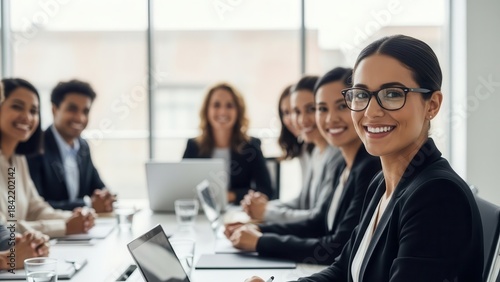 Diverse business team in a modern office setting collaborating and smiling
