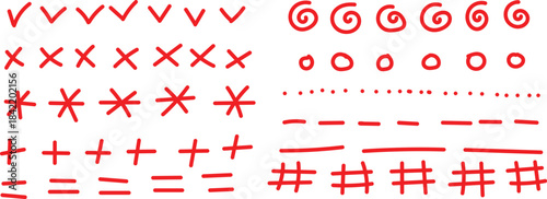 Collection of hand drawn red correction marks symbols and doodle elements for editing documents