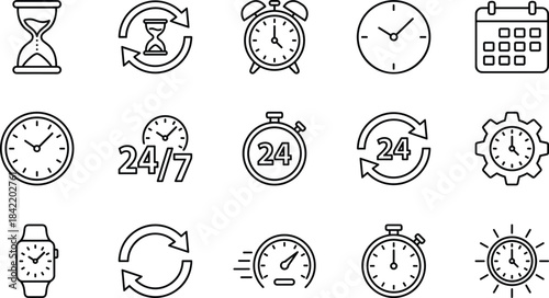 Time Management Line Icons Set Clock Calendar Stopwatch Hourglass Timer Gear Watch 24/7 Service Speed Deadline Vector Outline Illustration Concept