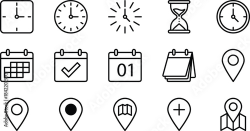 Time, date, and location outline icon set: Clocks, calendars, hourglass, and map pin symbols for scheduling, appointment, event planning, and navigation application interface design.