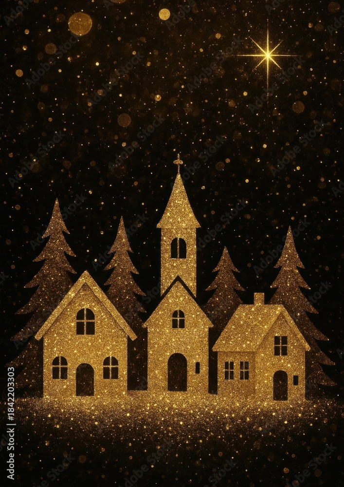Fototapeta premium Golden festive village nightscape.