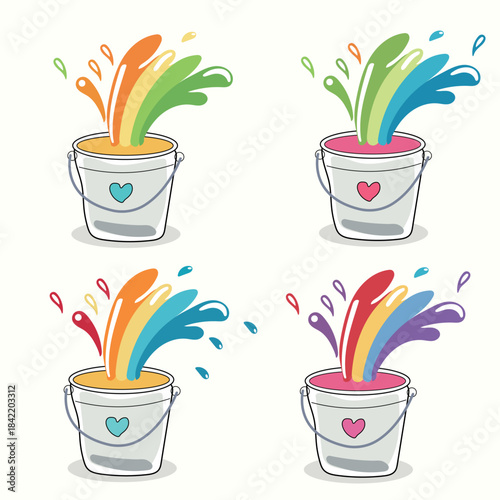 Bright cartoon buckets spilling dynamic multicolor paint Illustration