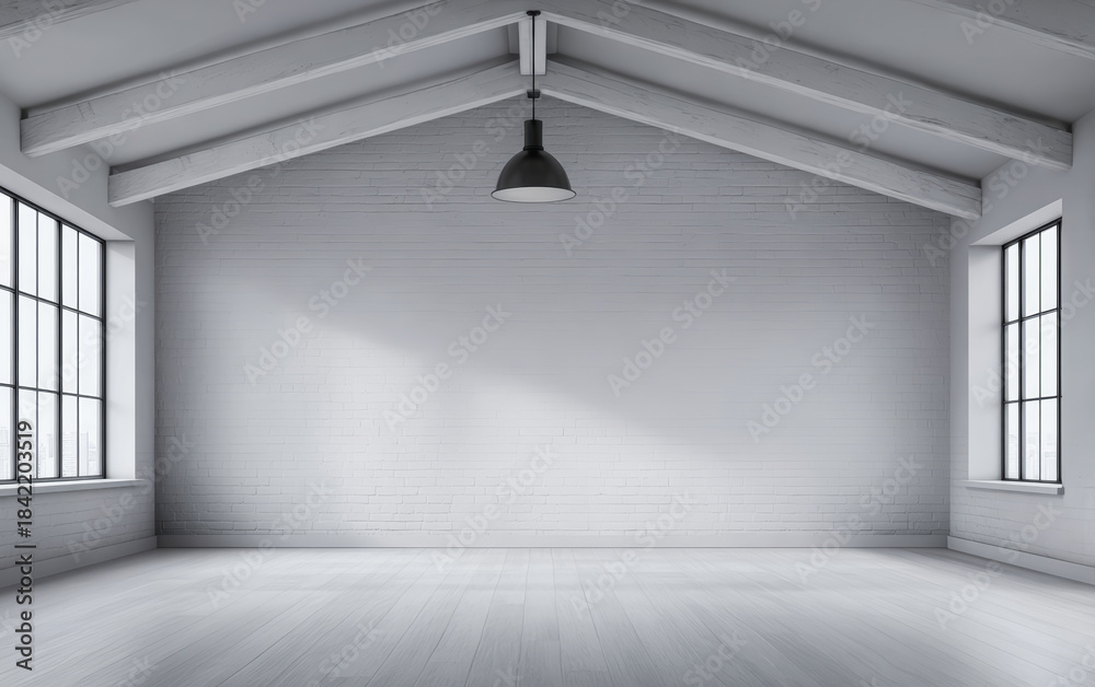Fototapeta premium Spacious empty room with large windows and wooden beams providing natural light