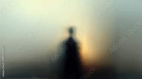 A highly blurred scene with a foggy or misty atmosphere, faintly visible natural elements like trees or vegetation,