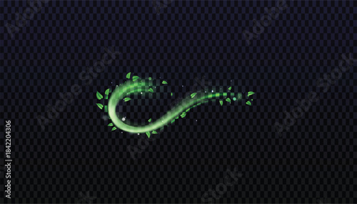 Glowing green magical light swirl with small leaves creating an elegant abstract energy trail effect