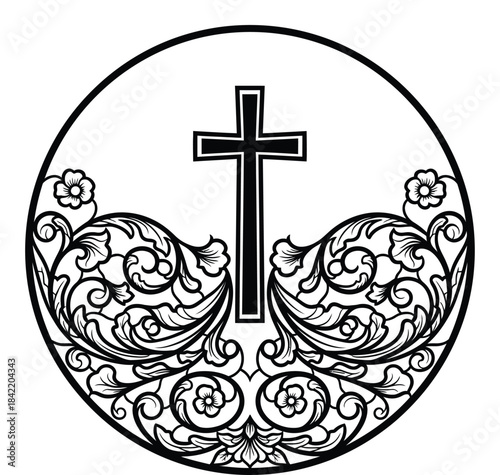 Christian Cross Symbol With Floral Ornaments Illustration