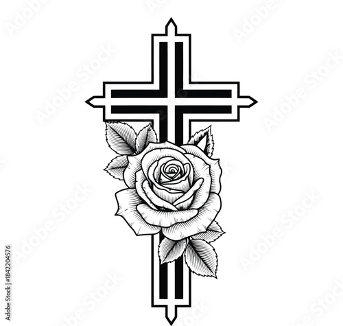 Black And White Cross With Rose Illustration Design