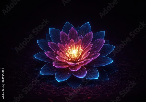 Brilliant neon petals unfold from a glowing core, illuminating the dark, imagined landscape. An exquisite botanical oddity from a dream world, nature, wondrous, fantasy