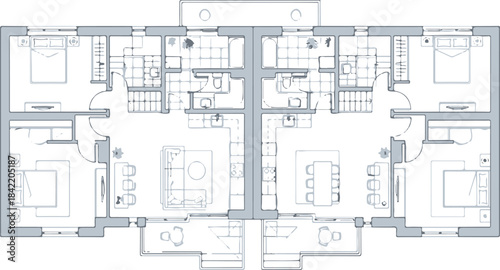 Detailed architectural floor plan blueprint of two symmetrical apartments isolated on white background.