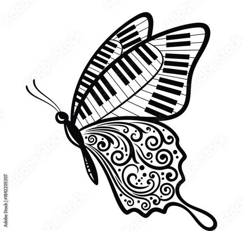Butterfly with piano keys and swirls on wings