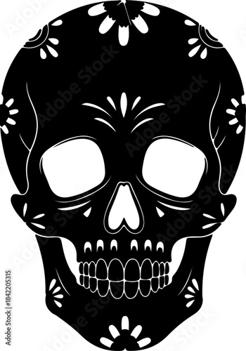 Intricate Decorative Skull Illustration Adorned with Elegant Floral Patterns and Swirling Ornaments