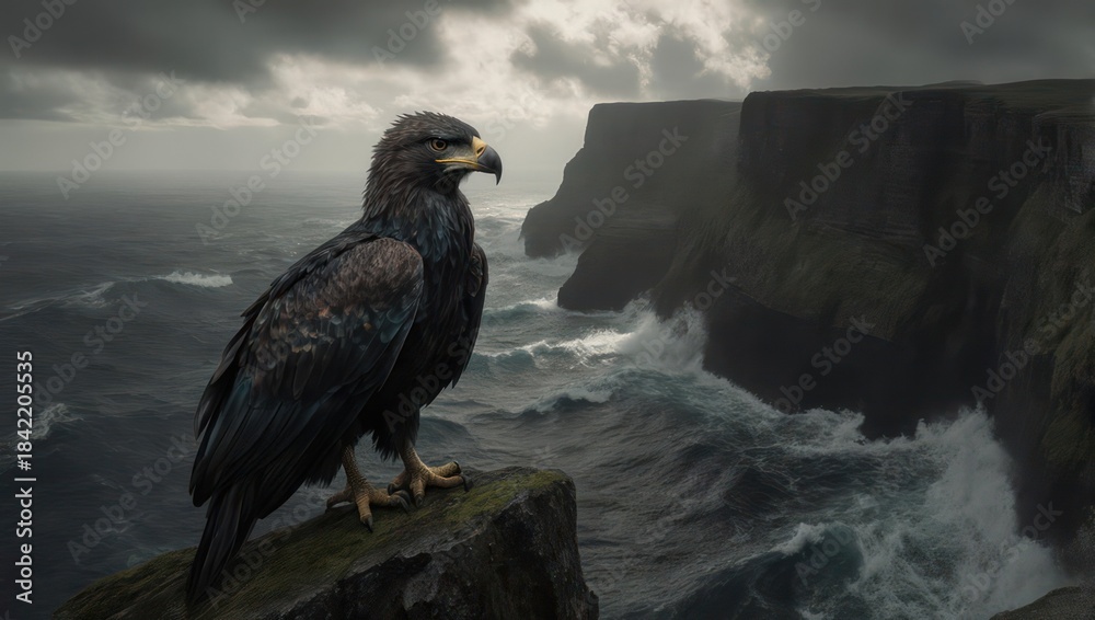 Fototapeta premium Majestic Eagle Perched on Cliff Overlooking Stormy Ocean Waves.