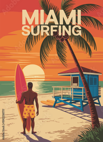 Miami Beach Retro Poster Vector Illustration Featuring Surfer With Surfboard, Lifeguard House, Palm Trees, Ocean Waves, And Vintage Coastal Style