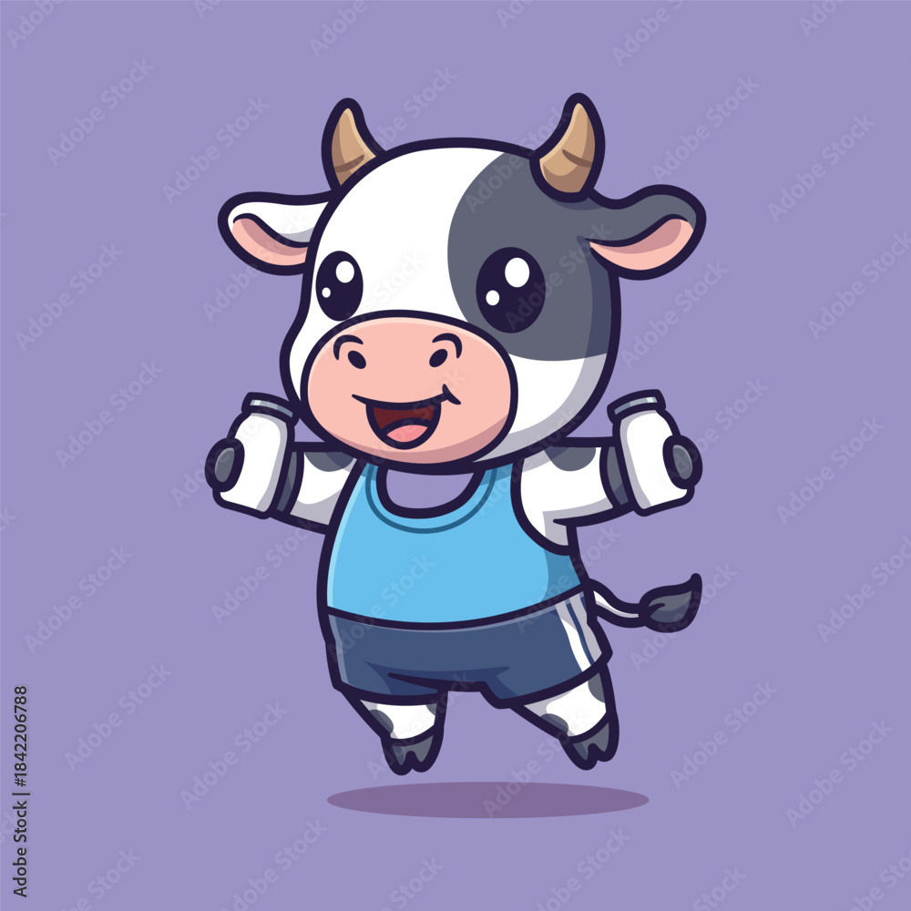 Naklejka premium Cute Vector Illustration of a Jumping Cow in Blue Sportswear Holding Milk Bottles on Light Purple Background
